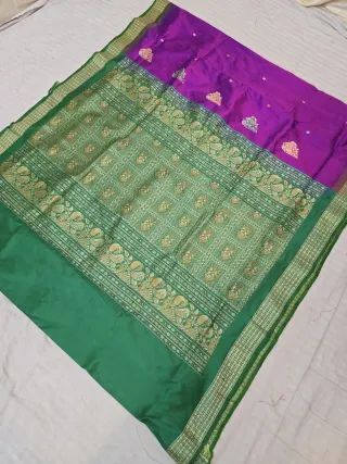 Purple and Emerald Green Contrast Peacock Border and Lattice Pallu Pure Mulberry Silk Saree