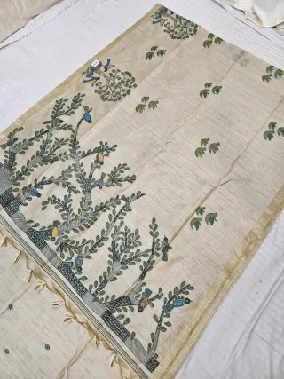 Natural Beige Raw Tussar Soft Silk Saree with Hand-Painted Tree of Life Pallu