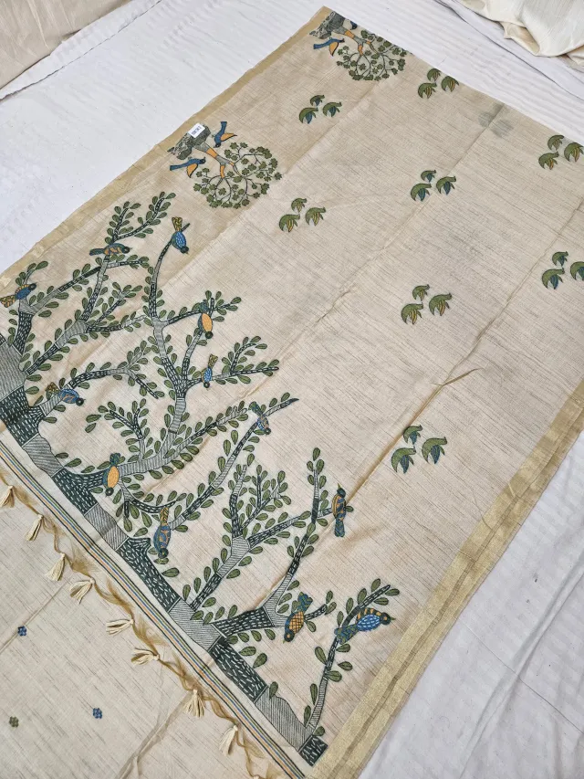 Natural Beige Raw Tussar Soft Silk Saree with Hand-Painted Tree of Life Pallu