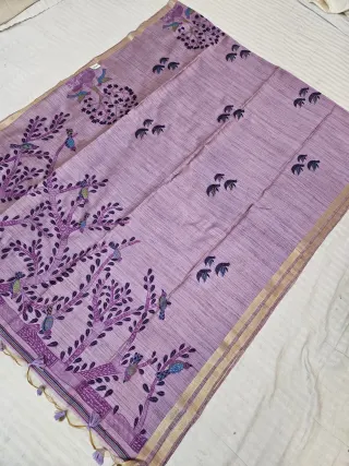 Lavender Raw Tussar Soft Silk Saree with Hand-Painted Tree of Life Pallu