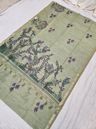 Sage Green Raw Tussar Soft Silk Saree with Hand-Painted Tree of Life Pallu