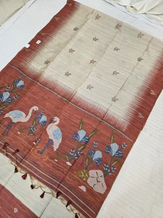 Natural Beige and Terracotta Rust Raw Tussar Soft Silk Saree with Flamingo Scenic Pallu