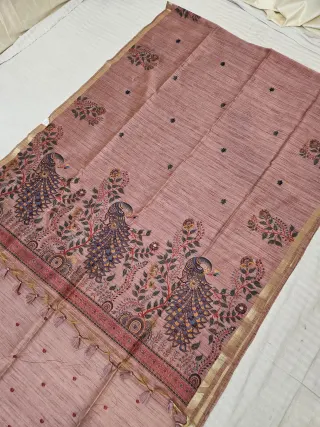 Dusty Rose Raw Tussar Soft Silk Saree with Kalamkari Peacock Pallu