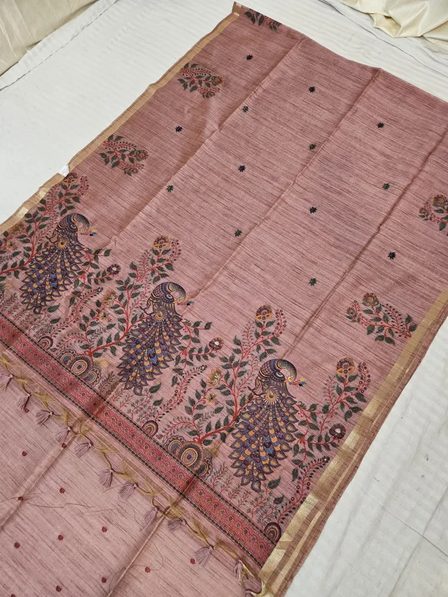 Dusty Rose Raw Tussar Soft Silk Saree with Kalamkari Peacock Pallu