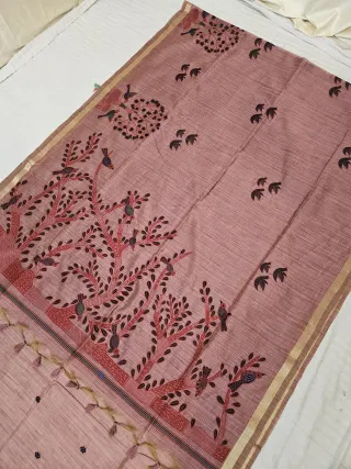 Dusty Rosewood Raw Tussar Soft Silk Saree with Hand-Painted Tree of Life Pallu
