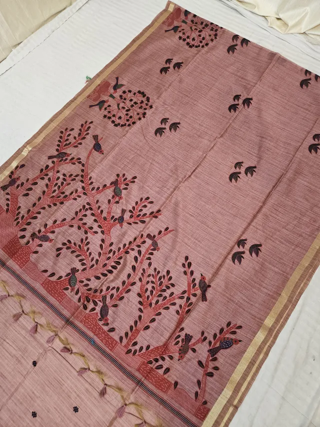 Dusty Rosewood Raw Tussar Soft Silk Saree with Hand-Painted Tree of Life Pallu