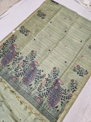 Sage Green Raw Tussar Soft Silk Saree with Kalamkari Peacock Pallu