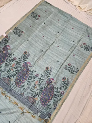 Seafoam Grey Raw Tussar Soft Silk Saree with Kalamkari Peacock Pallu