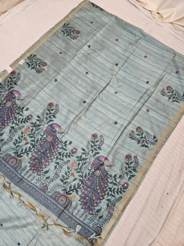 Seafoam Grey Raw Tussar Soft Silk Saree with Kalamkari Peacock Pallu