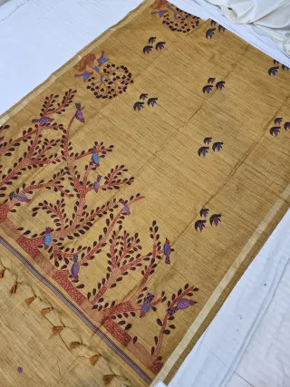 Mustard Gold Raw Tussar Soft Silk Saree with Hand-Painted Tree of Life Pallu