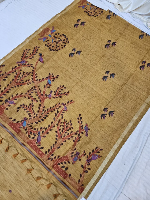 Mustard Gold Raw Tussar Soft Silk Saree with Hand-Painted Tree of Life Pallu