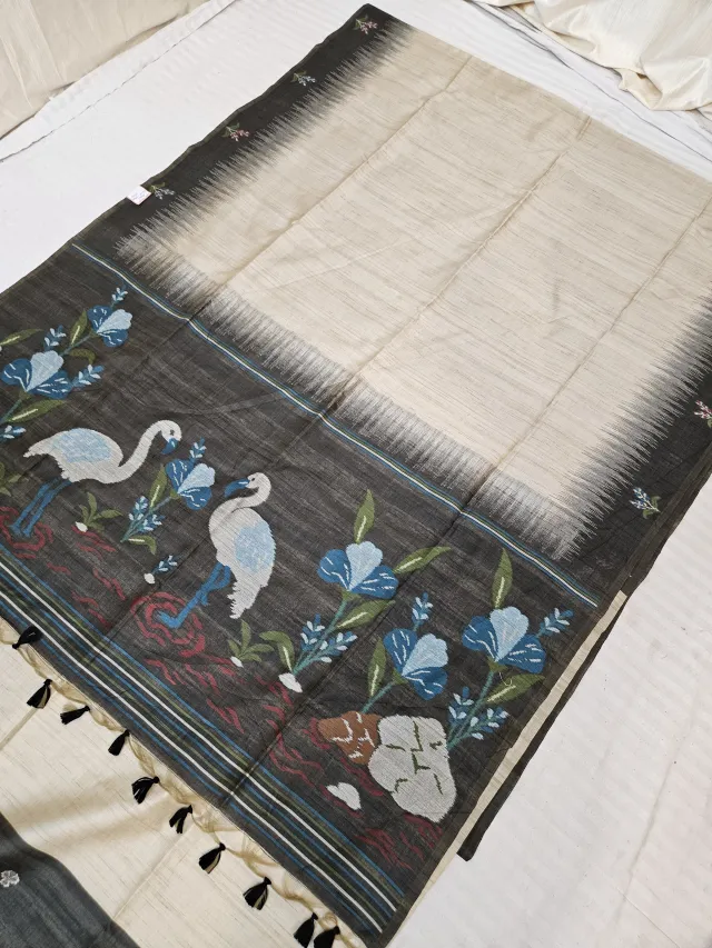 Natural Beige and Charcoal Black Raw Tussar Soft Silk Saree with Flamingo Scenic Pallu