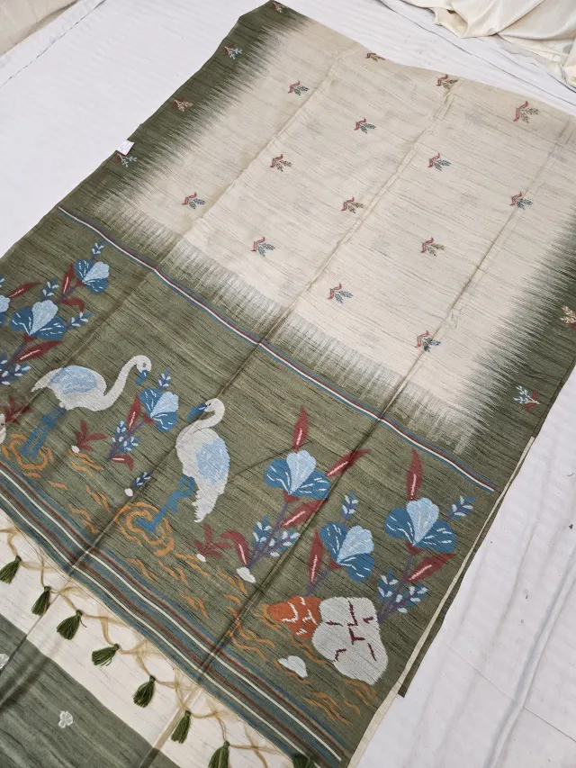 Natural Beige and Moss Green Raw Tussar Soft Silk Saree with Flamingo Scenic Pallu