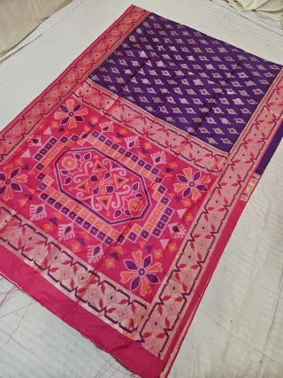 Royal Purple and Rani Pink Pochampally Ikkat Soft Silk Saree with Patola Medallion Pallu