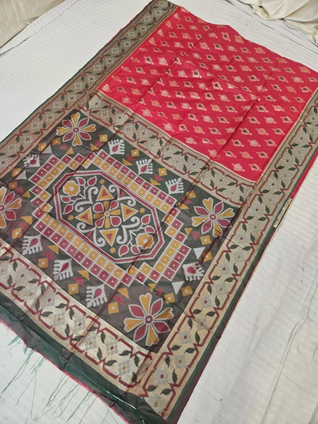 Crimson Red and Charcoal Grey Pochampally Ikkat Soft Silk Saree with Patola Medallion Pallu