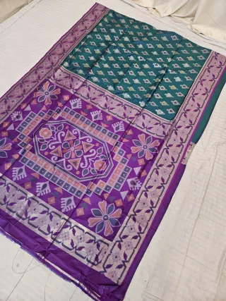Teal Green and Royal Purple Pochampally Ikkat Soft Silk Saree with Patola Medallion Pallu
