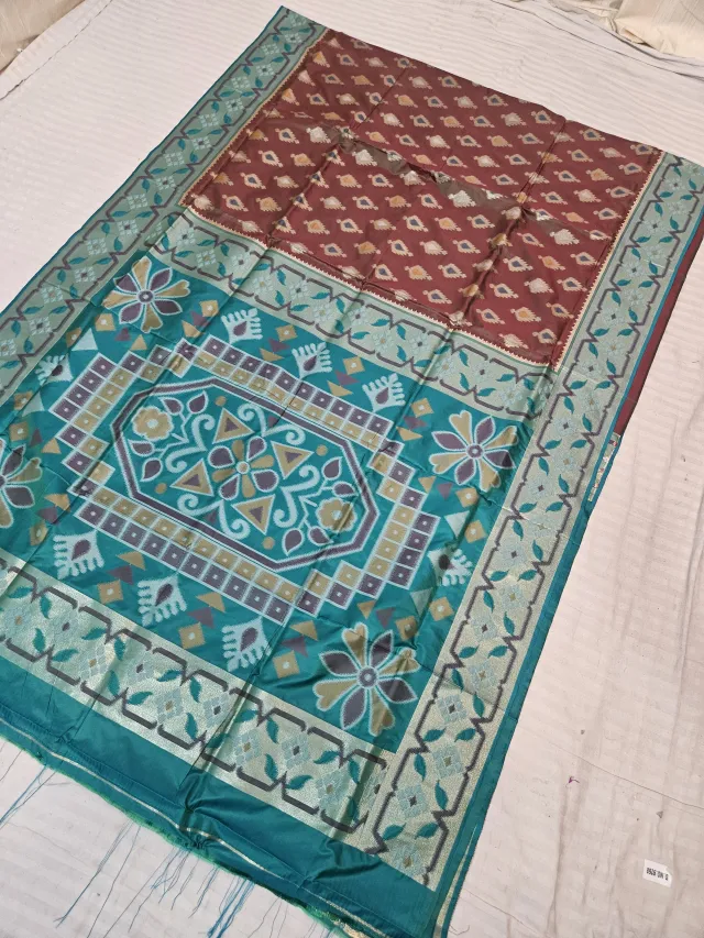 Rust Brick and Peacock Teal Pochampally Ikkat Soft Silk Saree with Patola Medallion Pallu