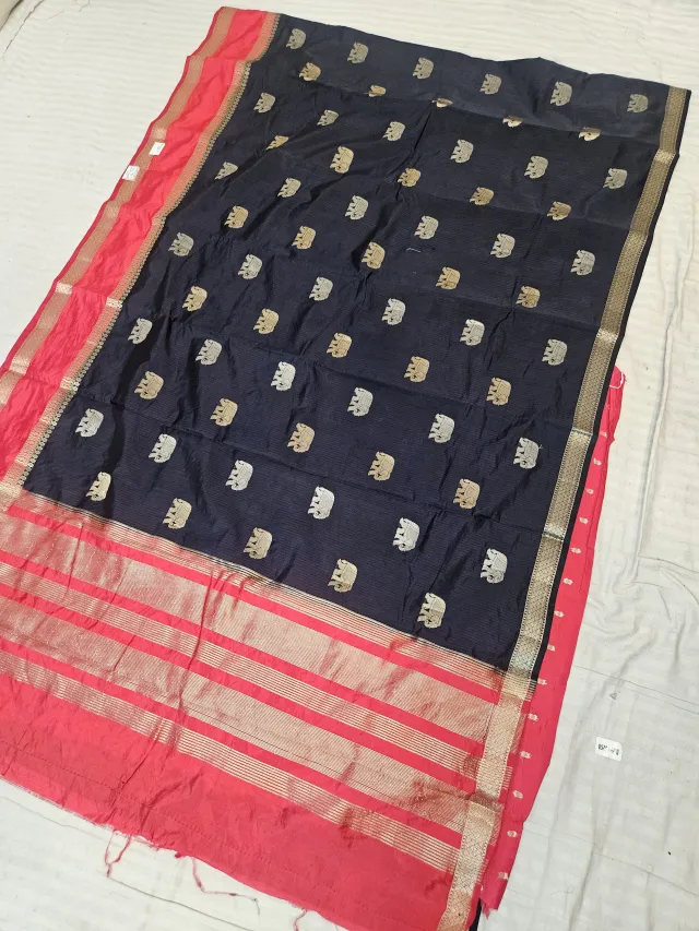 Midnight Black and Sindoori Red Roopvathi Contrast Soft Silk Saree with Zari Elephant Motifs and Striped Pallu
