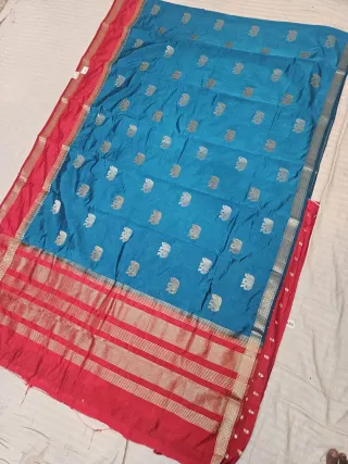Vibrant Blue and Sindoori Red Roopvathi Contrast Soft Silk Saree with Zari Elephant Motifs and Striped Pallu