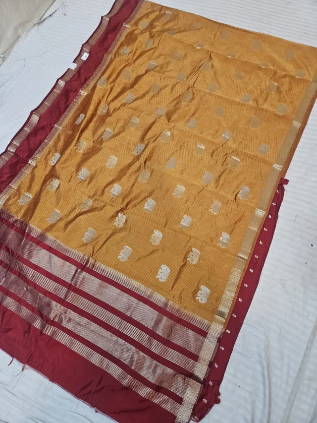 Mustard Yellow and Maroon Roopvathi Contrast Soft Silk Saree with Zari Elephant Motifs and Striped Pallu