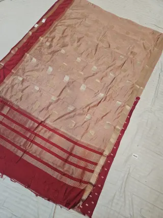 Golden Biscuit Cream and Sindoori Red Roopvathi Contrast Soft Silk Saree with Geometric Zari Buttis and Striped Pallu
