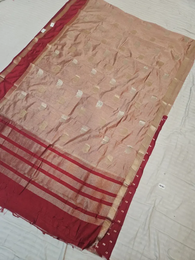 Golden Biscuit Cream and Sindoori Red Roopvathi Contrast Soft Silk Saree with Geometric Zari Buttis and Striped Pallu