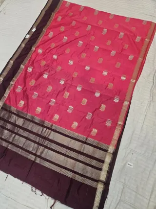 Rani Pink and Coffee Brown Roopvathi Contrast Soft Silk Saree with Zari Elephant Motifs and Striped Pallu