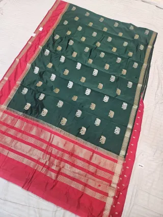 Bottle Green and Sindoori Red Roopvathi Contrast Soft Silk Saree with Zari Elephant Motifs and Striped Pallu