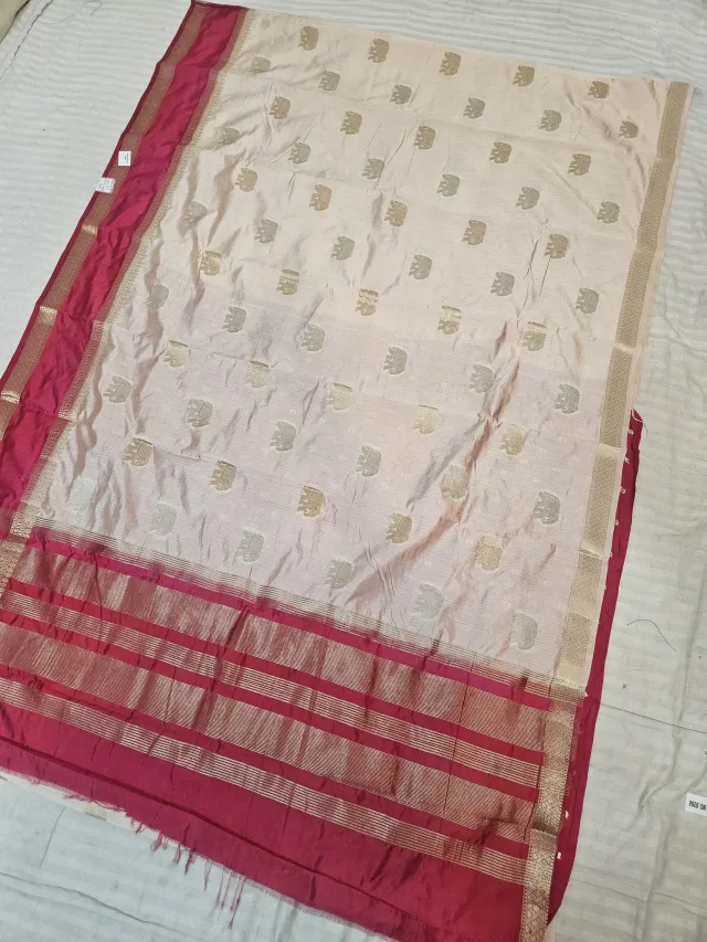 Ivory Cream and Sindoori Red Roopvathi Contrast Soft Silk Saree with Zari Elephant Motifs and Striped Pallu