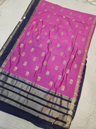 Rani Pink and Midnight Navy Soft Silk Saree with Zari Elephant Motifs and Striped Pallu
