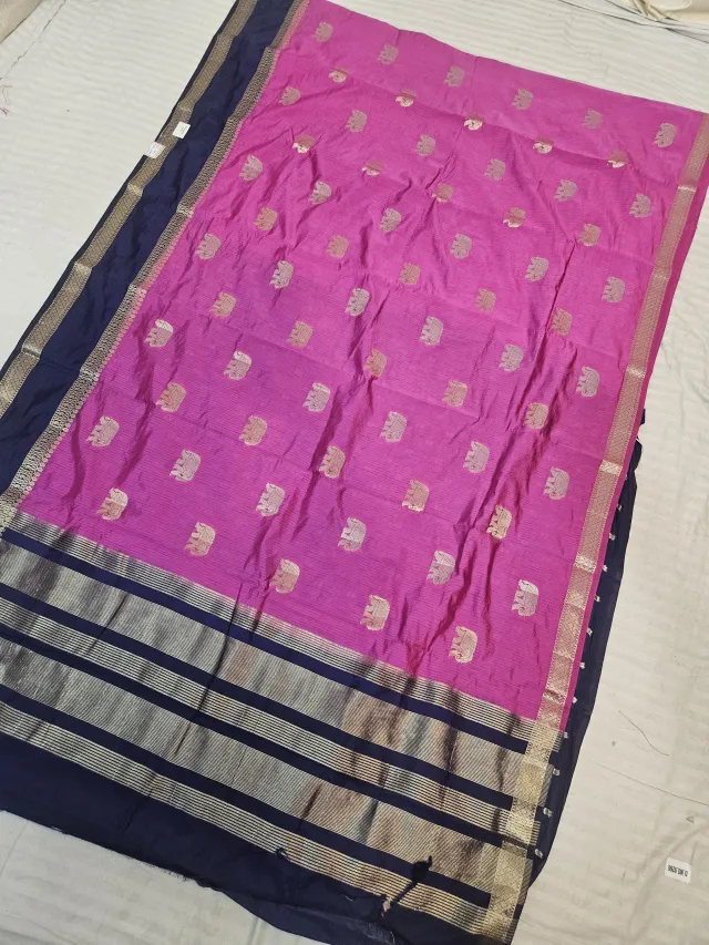 Rani Pink and Midnight Navy Soft Silk Saree with Zari Elephant Motifs and Striped Pallu