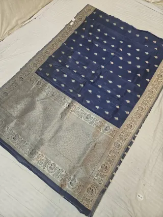 Navy Blue Samarpan Buti and Silver Zari Trellis Pallu Soft Silk Saree