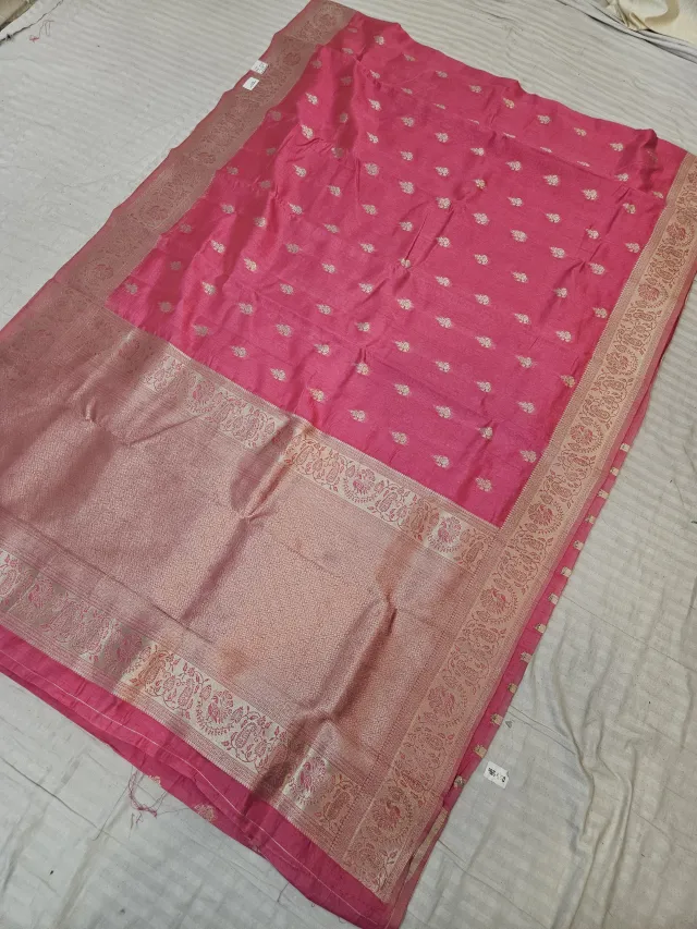 Rani Pink Samarpan Buti and Silver Zari Trellis Pallu Soft Silk Saree