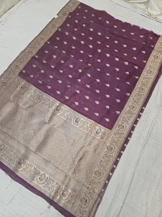 Plum Purple Samarpan Buti and Silver Zari Trellis Pallu Soft Silk Saree