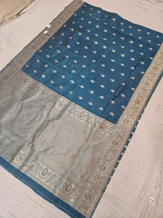 Ocean Teal Blue Samarpan Buti Soft Silk Saree with Rich Zari Brocade Pallu