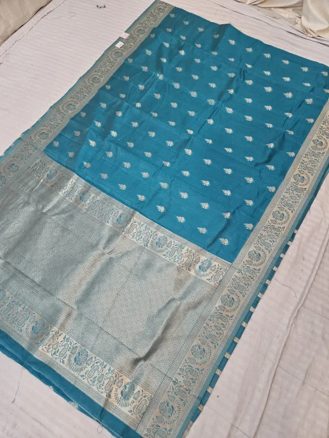 Peacock Blue Samarpan Buti Soft Silk Saree with Rich Zari Brocade Pallu