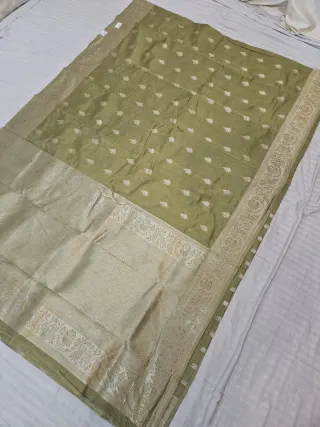Olive Green Samarpan Buti Soft Silk Saree with Rich Zari Brocade Pallu