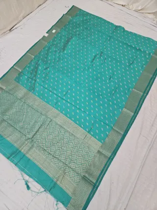 Sea Green Samarpan Buti Soft Silk Saree with Rich Zari Brocade Pallu