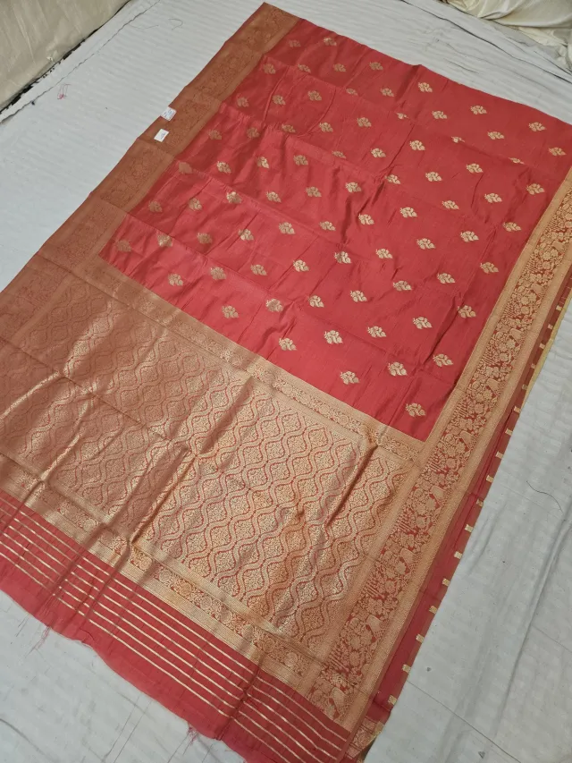 Sindoori Red Samarpan Buti Soft Silk Saree with Rich Zari Brocade Pallu