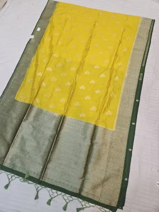 Turmeric Yellow and Bottle Green Anitha Matka Contrast Soft Silk Saree with Zari Buttis and Brocade Pallu