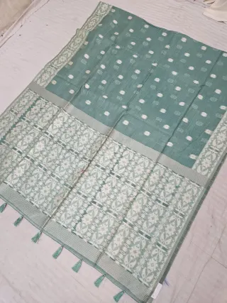 Bottle Green Cotton Linen Texture Floral Buti Soft Silk Saree