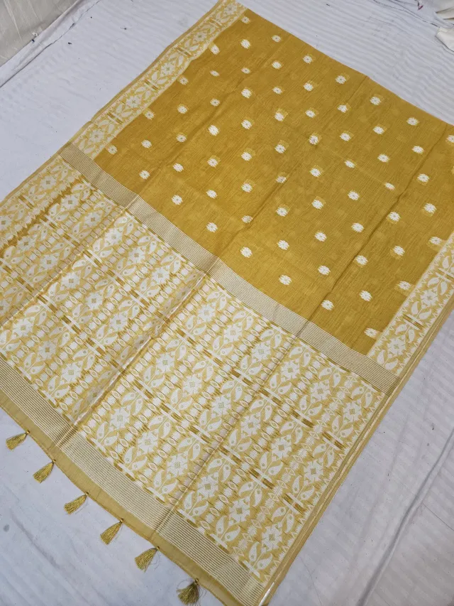 Mustard Yellow Cotton Linen Texture Floral Buti Soft Silk Saree