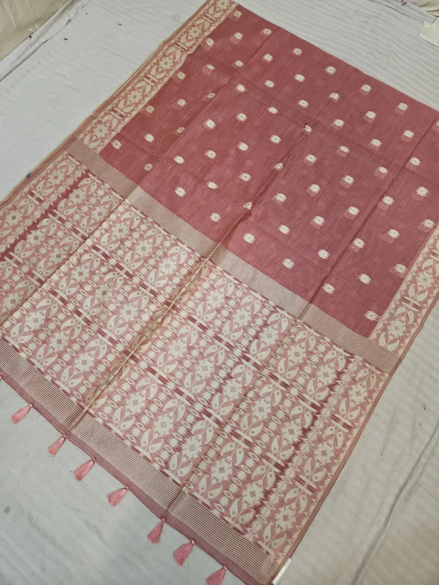 Rust Cotton Linen Texture Floral Buti Soft Silk Saree