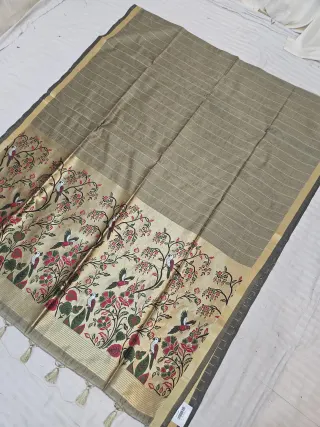 Olive Green Linen Cotton Texture Bird and Floral Zari Pallu Soft Silk Saree