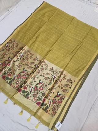 Lemon Green Linen Cotton Texture Bird and Floral Zari Pallu Soft Silk Saree