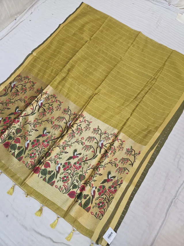 Lemon Green Linen Cotton Texture Bird and Floral Zari Pallu Soft Silk Saree