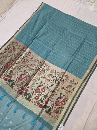Krishna Blue Linen Cotton Texture Bird and Floral Zari Pallu Soft Silk Saree