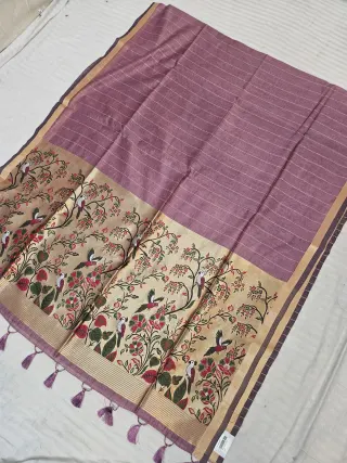 Wine Linen Cotton Texture Bird and Floral Zari Pallu Soft Silk Saree