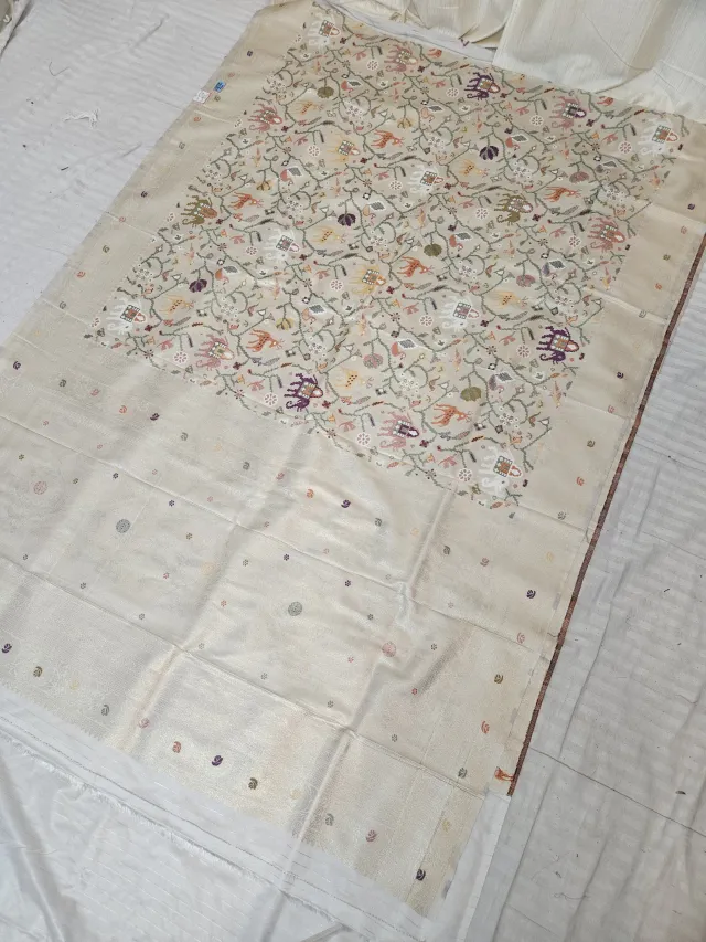 Off White Tissue Patola Animal and Bird Motif Pallu Soft Silk Saree