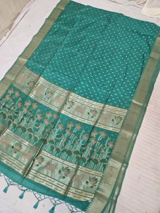Bottle Green Muga Cotton Paithani Lotus and Cow Motif Zari Pallu Saree